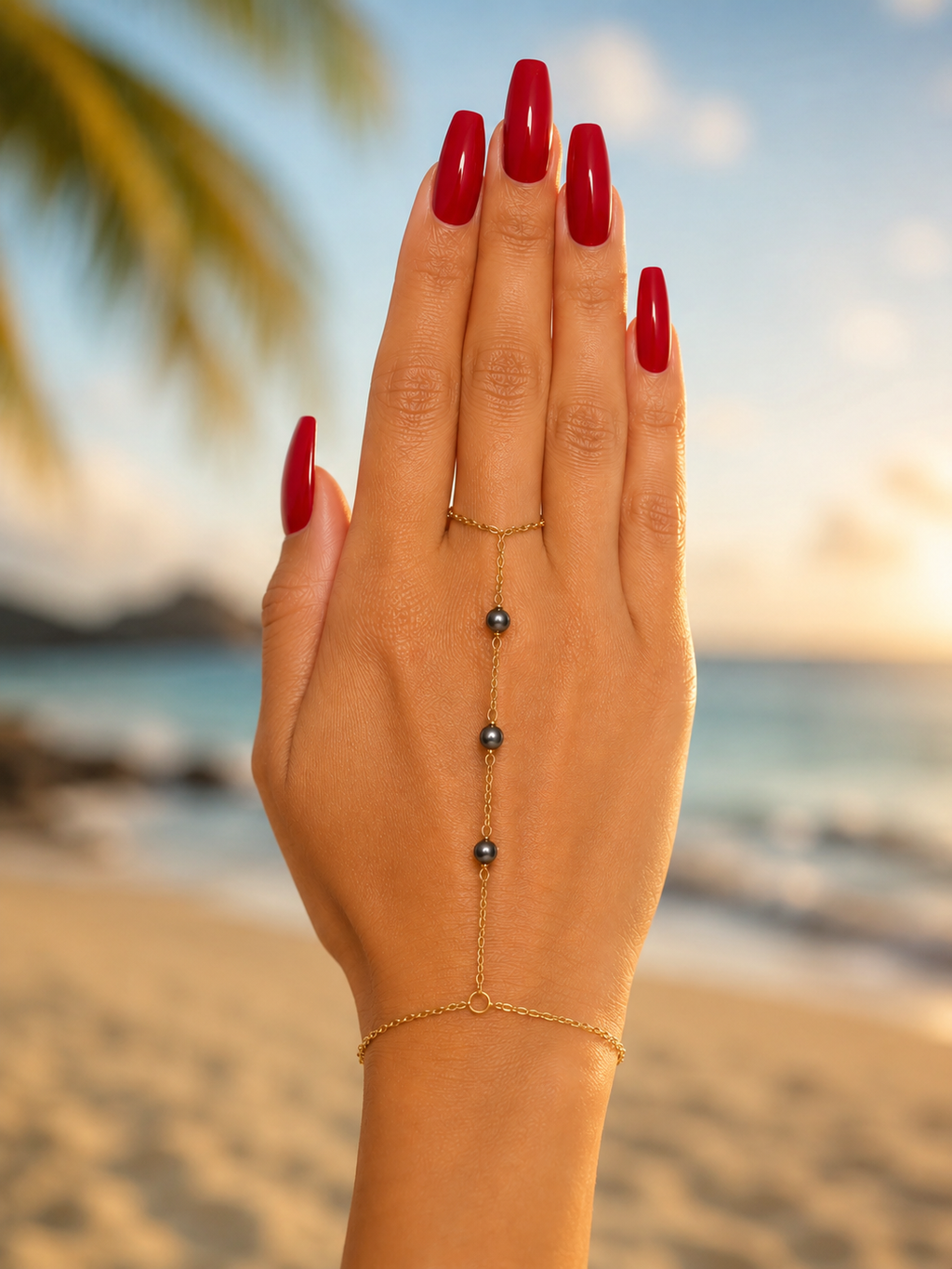 Triple Tiny Black Freshwater Pearl Ring Wrist Chain