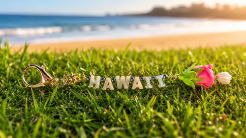 Hawaii Keychain with Lokelani & Pikake Mother Pearl