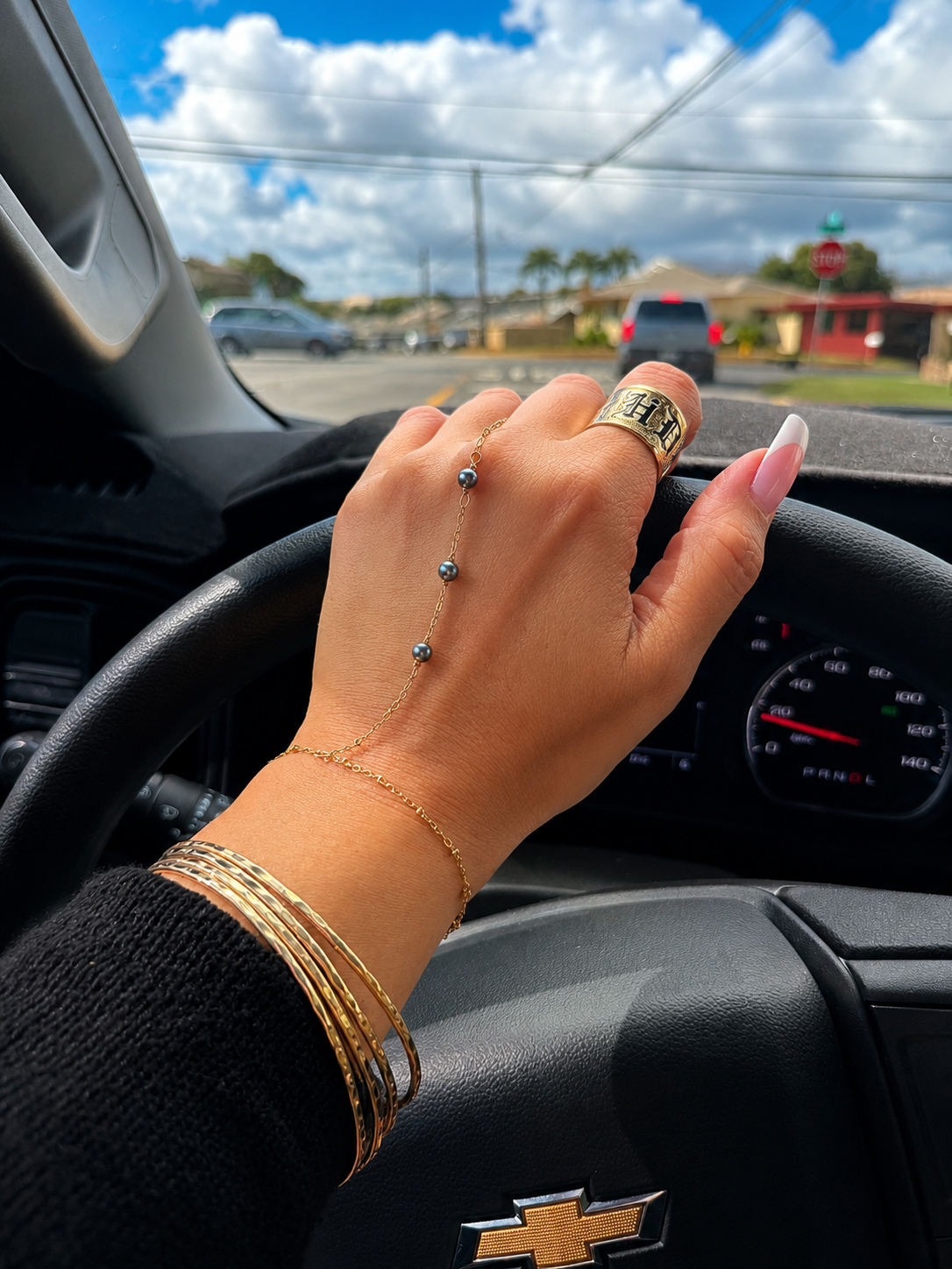 Triple Tiny Black Freshwater Pearl Ring Wrist Chain