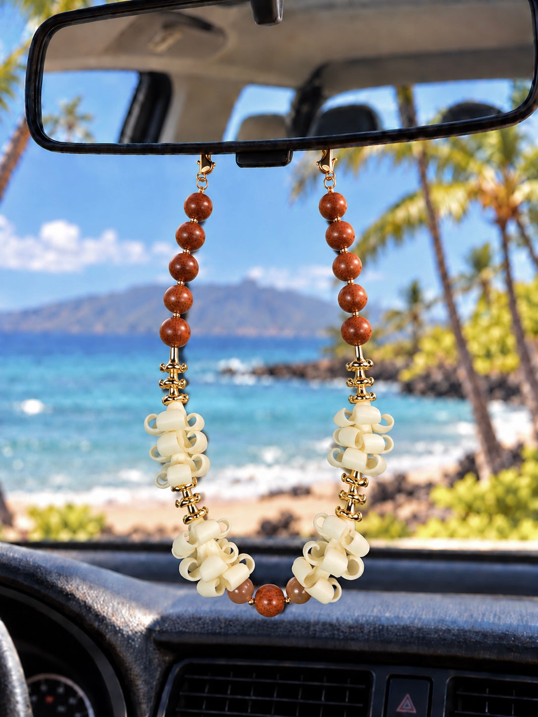White & Gold Puakenikeni Bag | Car Lei