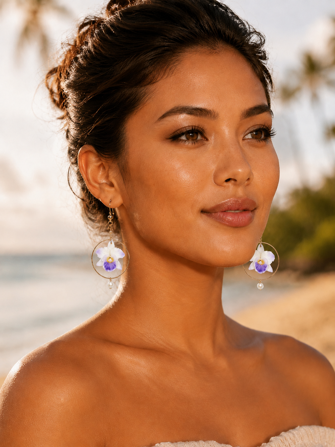 Pearl Orchid Hoops Earring